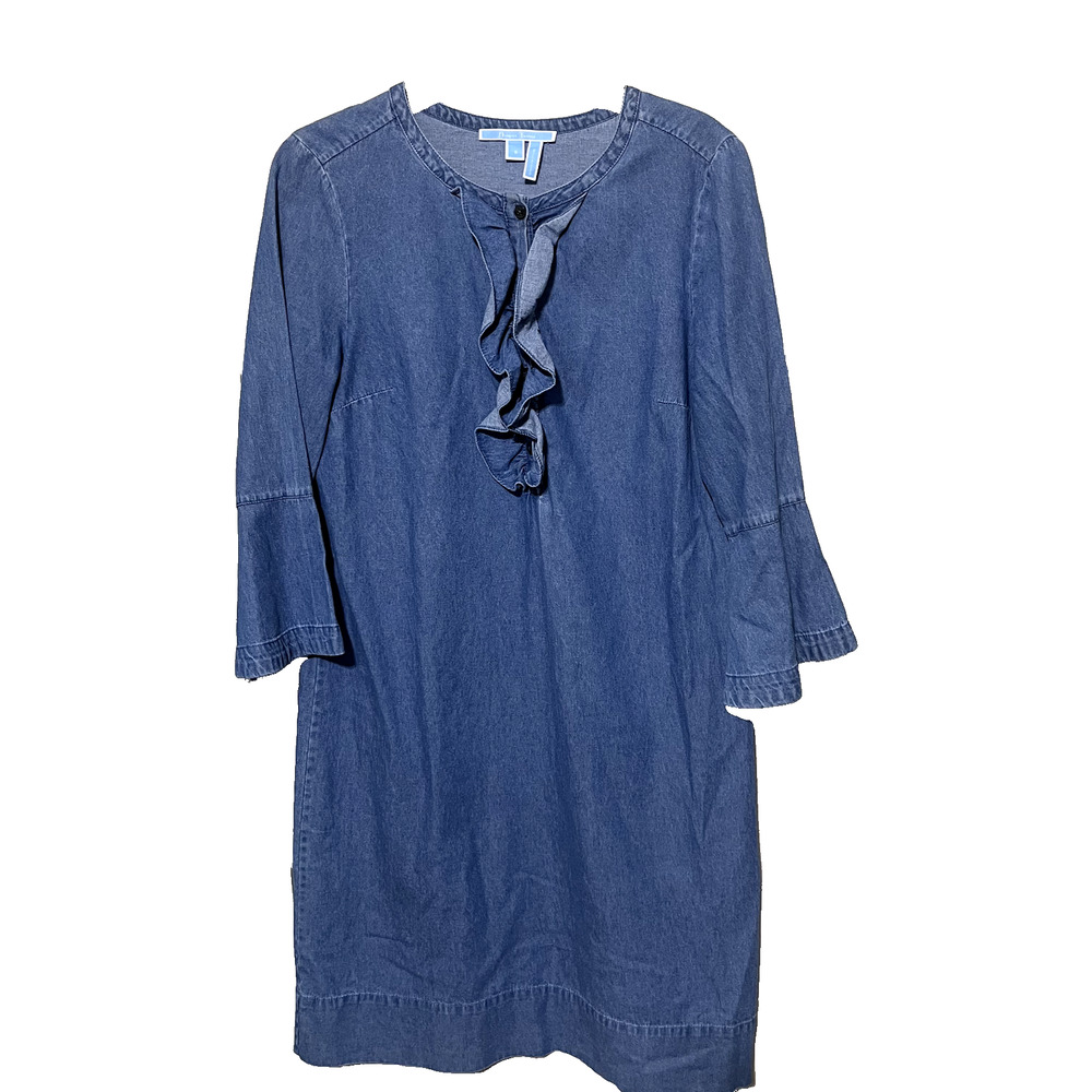 Draper James Size 6 Denim Shirt Dress Blue Jean Ruffle front cotton chambray